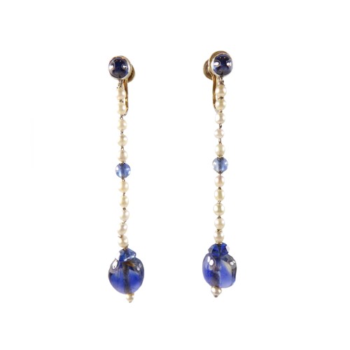 Pair of sapphire bead and pearl pendant earrings